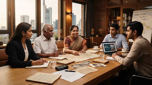Elders and young community organizers of Tamil heritage engaged in discussion