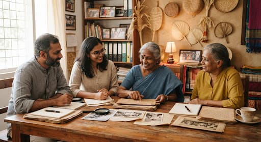 Warm natural light photograph of Tamil diaspora volunteers gathered